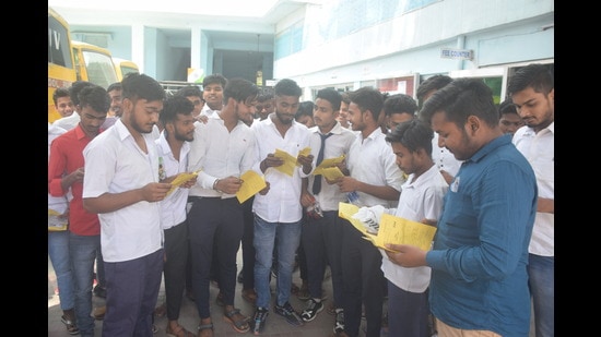 UP Board examinees coming out from a centre in Prayagraj on Tuesday. (HT Photo) UP Board examinees coming out from a centre in Prayagraj on Tuesday. (HT Photo)