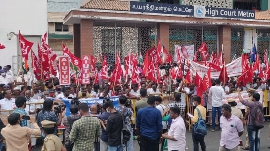Tamil Nadu: Various trade unions, including the DMK-led trade union Labour Progressive Federation (LPF), participate in the nationwide strike against govt policies for the 2nd & final day.(ANI)