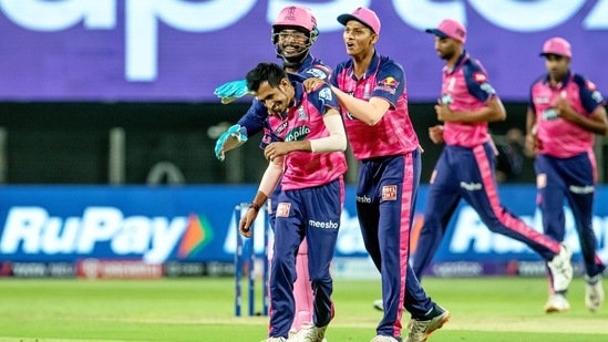 Rajasthan Royals players celebrate the wicket of Abhishek Sharma&nbsp;(PTI)