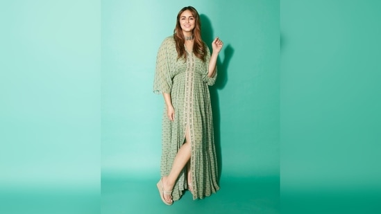 Huma Qureshi's sea-green kaftan has butti prints highlighted with cutdana, thread and moti work.(Instagram/@iamhumaq)