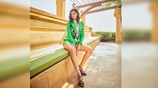 Ananya Panday donned a cropped blazer jacket which she paired with matching shorts and a white shirt.(Instagram/@ananyapanday)
