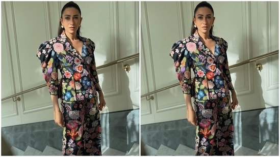 Karisma took to Instagram to post pictures of her floral look and captioned them, "Stay wild, Flower child." She wore a black-coloured quirky blazer and pants set for the event and teamed it with simple accessories.(Instagram/@stylebyami)