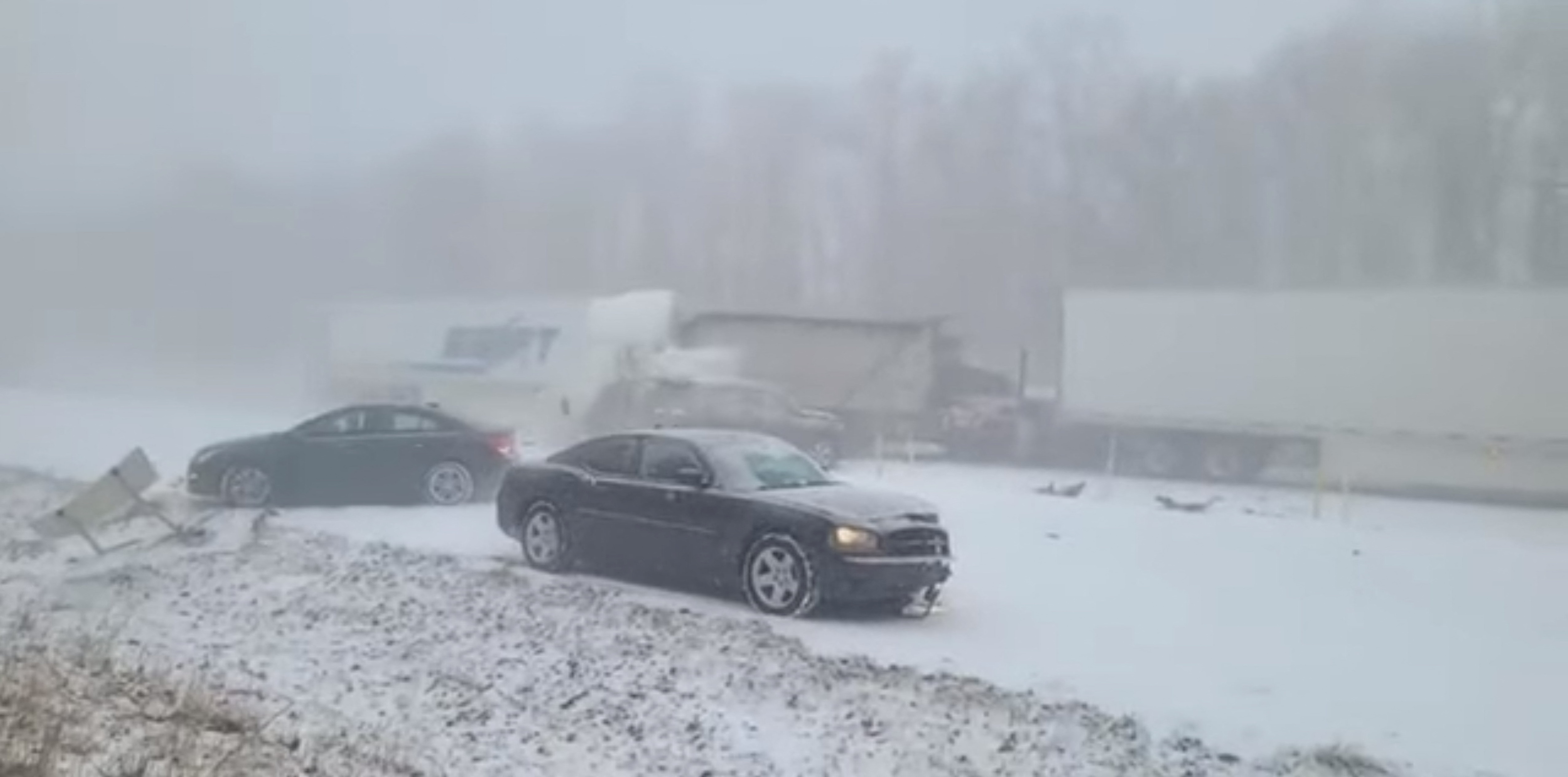 A semi-trailer truck crashes into other vehicles amid a pileup on I-81 North, in Schuylkill County, Pennsylvania on March 28, 2022.&nbsp; (Via Reuters)