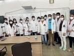 Resident doctors at AIIMS Delhi hold protest wearing black ribbons against the harassment of Dr Archana by a patient's attendants which led to her suicide at a private hospital in Dausa, Rajasthan.