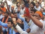 BJYM president Tejasvi Surya leading a protest against chief minister Arvind Kejriwal’s in New Delhi,on Wednesday. (PTI ) BJYM president Tejasvi Surya leading a protest against chief minister Arvind Kejriwal’s in New Delhi,on Wednesday. (PTI )
