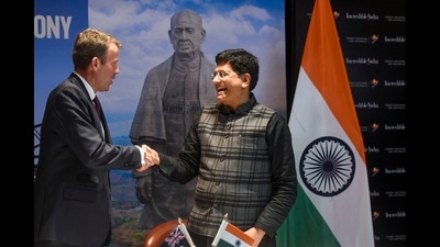 Minister of Commerce & Industry Piyush Goyal with Dan Tehan MP, Minister for Trade, Tourism and Investment, Australia during signing of an MoU on tourism between the two countries, in New Delhi, Friday, Feb 11, 2022. (PTI Photo/Arun Sharma) Minister of Commerce & Industry Piyush Goyal with Dan Tehan MP, Minister for Trade, Tourism and Investment, Australia during signing of an MoU on tourism between the two countries, in New Delhi, Friday, Feb 11, 2022. (PTI Photo/Arun Sharma) 
