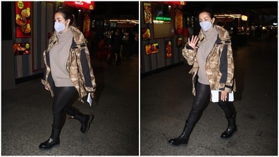 Malaika Arora wore trendy fitted leather pants and teamed her outfit with black boots. (HT Photo/Varinder Chawla) Malaika Arora wore trendy fitted leather pants and teamed her outfit with black boots. (HT Photo/Varinder Chawla)