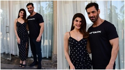 Jacqueline Fernandez was spotted with her Attack co-stars Rakul Preet and John Abraham at a promotional event for her upcoming film. (HT Photo/Varinder Chawla)
