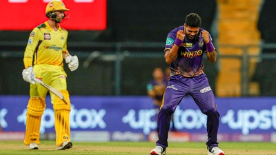 Umesh Yadav of the Kolkata Knight Riders celebrating the wicket of Devon Conway of the Chennai Super Kings (PTI)