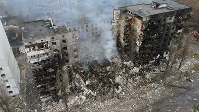 FILE PHOTO: An aerial view shows a residential building destroyed by shelling, as Russia's invasion of Ukraine continues, in the settlement of Borodyanka in the Kyiv region, Ukraine March 3, 2022. Picture taken with a drone. REUTERS/Maksim Levin//File Photo (REUTERS)