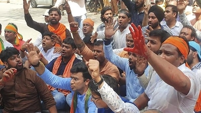BJYM president Tejasvi Surya leading a protest against chief minister Arvind Kejriwal’s in New Delhi,on Wednesday. (PTI ) BJYM president Tejasvi Surya leading a protest against chief minister Arvind Kejriwal’s in New Delhi,on Wednesday. (PTI )