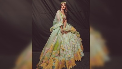 Pooja Hegde looked like a modern princess straight out of a Disney movie in this stunning lehenga set teamed with a floral tiara and sunglasses. (Instagram/@hegdepooja) Pooja Hegde looked like a modern princess straight out of a Disney movie in this stunning lehenga set teamed with a floral tiara and sunglasses. (Instagram/@hegdepooja)