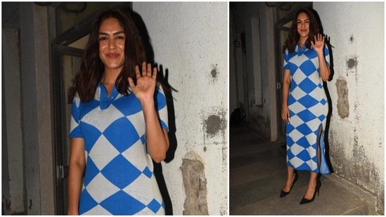 Mrunal Thakur posed for the paparazzi with her captivating smile outside the location of her press meet venue.(HT Photo/Varinder Chawla)