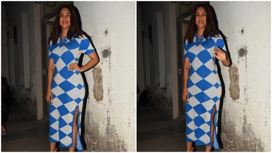 Mrunal Thakur beach waved her hair and teamed her dress with a pair of black pumps.(HT Photo/Varinder Chawla)