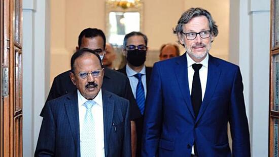 NSA Ajit Doval with Jens Pl?tner, foreign and security policy advisor to the German Chancellor at Hyderabad House in New Delhi on Wednesday (ANI)