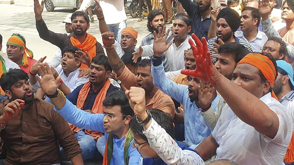 File photo of BJP MP Tejasvi Surya leading a protest against chief minister Arvind Kejriwal’s in New Delhi. (PTI ) File photo of BJP MP Tejasvi Surya leading a protest against chief minister Arvind Kejriwal’s in New Delhi. (PTI )