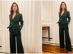 Yami Gautam has had a very hectic past couple of months with back to back promotions of her films A Thursday and Dasvi. The former received a great response from moviegoers and she is now occupied with the promotions of Dasvi. At a recent promotional event of Dasvi, the actor donned a foster green blazer suit.(Instagram/@yamigautam)