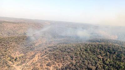 The Indian Air Force (IAF) deployed two Mi 17 V5 helicopters for Bambi Bucket operations for dousing the fire at Sariska Tiger Reserve in Rajasthan’s Alwar District. (ANI) The Indian Air Force (IAF) deployed two Mi 17 V5 helicopters for Bambi Bucket operations for dousing the fire at Sariska Tiger Reserve in Rajasthan’s Alwar District. (ANI)