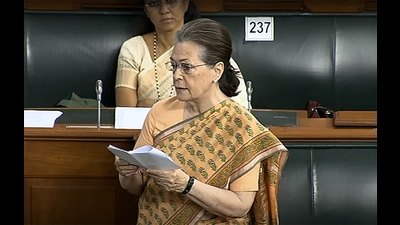 Congress Interim President and MP Sonia Gandhi speaks in Lok Sabha during the second part of Budget Session of Parliament, in New Delhi on Thursday. (ANI) Congress Interim President and MP Sonia Gandhi speaks in Lok Sabha during the second part of Budget Session of Parliament, in New Delhi on Thursday. (ANI)