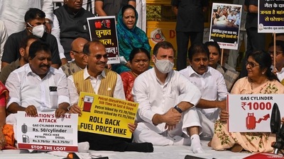 Congress Party leader Rahul Gandhi along with other Congress MPs (Member of Parliament) from both the Lok Sabha and the Rajya Sabha carrying placards raised slogans against the government and sat on a dharna against the fuel price hike. (AFP) Congress Party leader Rahul Gandhi along with other Congress MPs (Member of Parliament) from both the Lok Sabha and the Rajya Sabha carrying placards raised slogans against the government and sat on a dharna against the fuel price hike. (AFP)