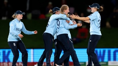 England's Sophie Ecclestone, second right, celebrates with teammates their win over South Africa (AP) England's Sophie Ecclestone, second right, celebrates with teammates their win over South Africa (AP)