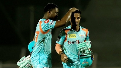 Evin Lewis and Ayush Badoni of Lucknow Super Giants after defeating Chennai Super Kings (PTI) Evin Lewis and Ayush Badoni of Lucknow Super Giants after defeating Chennai Super Kings (PTI)
