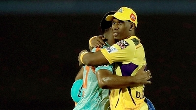 Dwayne Bravo of Chennai Super Kings congratulates Evin Lewis of Lucknow Super Giants (PTI) Dwayne Bravo of Chennai Super Kings congratulates Evin Lewis of Lucknow Super Giants (PTI)