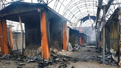 A city market is seen damaged by shelling in Chernihiv, Ukraine, Wednesday, March 30, 2022. The attacks come hours after Moscow pledged to scale back military operations in those places. (AP Photo/Vladislav Savenok) (AP)
