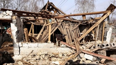 A destroyed farm on the outskirts of Kyiv, on March 31, 2022, amid Russian invasion of Ukraine. (Photo by RONALDO SCHEMIDT / AFP) A destroyed farm on the outskirts of Kyiv, on March 31, 2022, amid Russian invasion of Ukraine. (Photo by RONALDO SCHEMIDT / AFP)