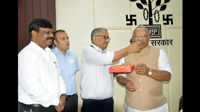 Bihar deputy chief minister Tarkishore Prasad at his chamber in Patna on Thursday. (Santosh Kumar/HT Photo)