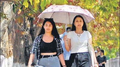 Women using an umbrella to shield themselves from the scorching sun on the Panjab University campus in Chandigarh on Thursday. (Ravi Kumar/HT) Women using an umbrella to shield themselves from the scorching sun on the Panjab University campus in Chandigarh on Thursday. (Ravi Kumar/HT)