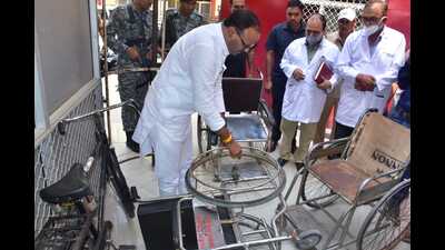 Health minister of UP, Brijesh Pathak, inspecting wheelchairs at Civil Hospital, in Lucknow, on Thursday. (Sourced)