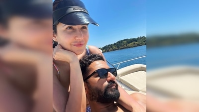 In one of the pictures, Katrina Kaif and Vicky Kaushal soak in the sun on their yacht. Vicky rests his head on his wife's lap and captures the moment. (Instagram/@katrinakaif)