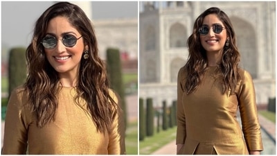 Earlier, Yami Gautam was spotted at the iconic heritage site, the Taj Mahal in a golden ensemble to promote Dasvi. (Instagram/@yamigautam) Earlier, Yami Gautam was spotted at the iconic heritage site, the Taj Mahal in a golden ensemble to promote Dasvi. (Instagram/@yamigautam)