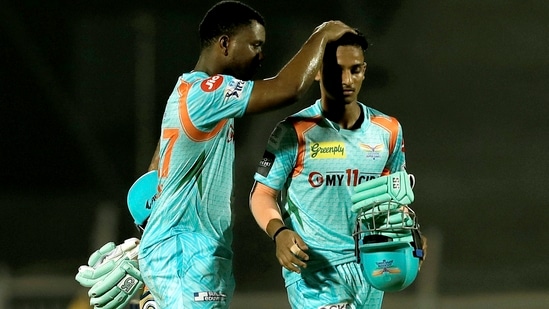 Evin Lewis and Ayush Badoni of Lucknow Super Giants after Lucknow Super Giants won match 7 of the Indian Premier League 2022 cricket tournament against the Chennai Super Kings, at the Brabourne Stadium in Mumbai, Thursday, March 31, 2022.(PTI)