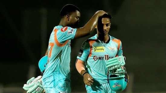 Evin Lewis and Ayush Badoni of Lucknow Super Giants after defeating Chennai Super Kings(PTI)