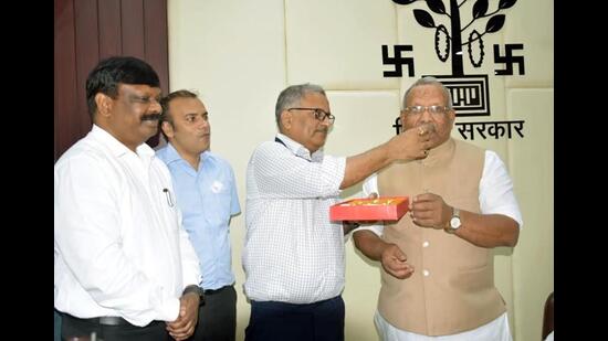 Bihar deputy chief minister Tarkishore Prasad at his chamber in Patna on Thursday. (Santosh Kumar/HT Photo)