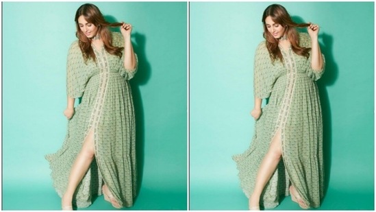 Huma’s fashion diaries are inspo for every day. A few days ago, Huma looked like a dream in a kaftan-styled long green dress from the house of Paulmi and Harsh.(Instagram/@iamhumaq)