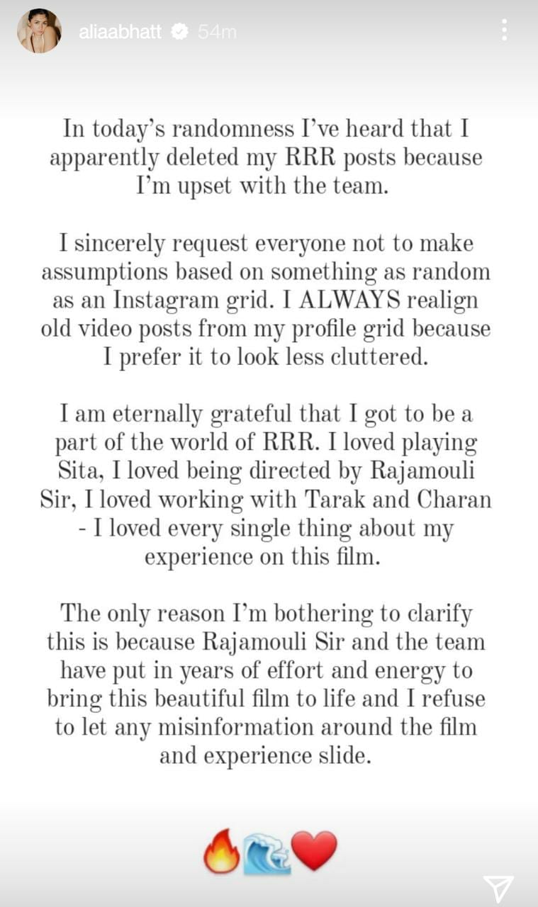 The clarification note Alia Bhatt shared on Instagram Stories.