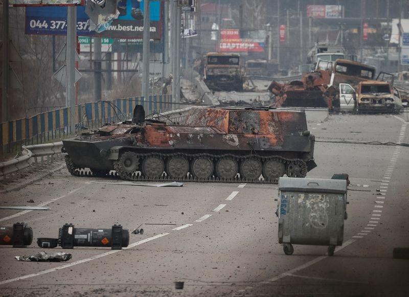 Wrecks of a Russian Armoured Personnel Carriers (APC) and military vehicles are seen on the front line near Kyiv on March 29, 2022.&nbsp; (REUTERS)