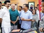 Tamil Nadu chief minister M K Stalin with Delhi CM Arvind Kejriwal at a government school in Delhi on Friday. (HT Photo) Tamil Nadu chief minister M K Stalin with Delhi CM Arvind Kejriwal at a government school in Delhi on Friday. (HT Photo)