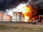 A view of the site of a fire at an oil depot in Belgorod region, Russia. (AP) A view of the site of a fire at an oil depot in Belgorod region, Russia. (AP)