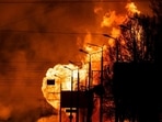 A gas station burns after Russian attacks in the city of Kharkiv, Ukraine. (AFP) A gas station burns after Russian attacks in the city of Kharkiv, Ukraine. (AFP)