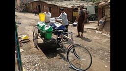 A cycle rickshaw used by Kalyan Dombivli Municipal Corporation to collect segregated waste from areas inaccessible by garbage vans. (HT PHOTO) A cycle rickshaw used by Kalyan Dombivli Municipal Corporation to collect segregated waste from areas inaccessible by garbage vans. (HT PHOTO)