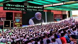 Students watch live streaming of Pariksha Pe Charcha session at Kendriya Vidyalaya, Gomti Nagar, in Lucknow on Friday.  (HT PHOTO)