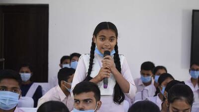 Gurugram, India - April 01, 2022: Students interact with Haryana Chief Minister Manohar Lal Khattar (not seen in pic) during the live program of Prime Minister Narendra Modi's 'Pariksha Pe Charcha 2022' at Government Model Sanskriti Senior Secondary School in Sushant Lok near Vyapar Kendra in Sector-43, Gurugram, India, on Friday, April 1, 2022. (Photo by Parveen Kumar/Hindustan Times) Gurugram, India - April 01, 2022: Students interact with Haryana Chief Minister Manohar Lal Khattar (not seen in pic) during the live program of Prime Minister Narendra Modi's 'Pariksha Pe Charcha 2022' at Government Model Sanskriti Senior Secondary School in Sushant Lok near Vyapar Kendra in Sector-43, Gurugram, India, on Friday, April 1, 2022. (Photo by Parveen Kumar/Hindustan Times)