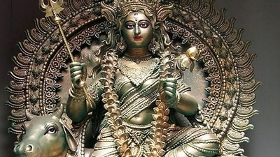 Goddess Shailputri: Also known as Bhavani, Parvati or Hemvati, Goddess Shailputri is the first manifestation of Maa Durga. She rides a bull and holds a Trishul in one hand and a lotus in the other. (Wikipedia) Goddess Shailputri: Also known as Bhavani, Parvati or Hemvati, Goddess Shailputri is the first manifestation of Maa Durga. She rides a bull and holds a Trishul in one hand and a lotus in the other. (Wikipedia)