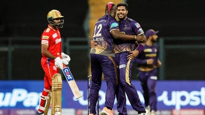 Umesh Yadav of Kolkata Knight Riders celebrates the wicket of Mayank Agarwal of Punjab Kings, during match 8 of the Indian Premier League 2022 cricket tournament between the Kolkata Knight Riders and the Punjab Kings, at the Wankhede Stadium in Mumbai (PTI) Umesh Yadav of Kolkata Knight Riders celebrates the wicket of Mayank Agarwal of Punjab Kings, during match 8 of the Indian Premier League 2022 cricket tournament between the Kolkata Knight Riders and the Punjab Kings, at the Wankhede Stadium in Mumbai (PTI)