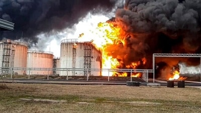 A view of the site of a fire at an oil depot in Belgorod region, Russia. (AP) A view of the site of a fire at an oil depot in Belgorod region, Russia. (AP)