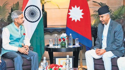 External affairs minister S Jaishankar with Prime Minister of Nepal Sher Bahadur Deuba during a meeting in New Delhi on Friday. (ANI) External affairs minister S Jaishankar with Prime Minister of Nepal Sher Bahadur Deuba during a meeting in New Delhi on Friday. (ANI)